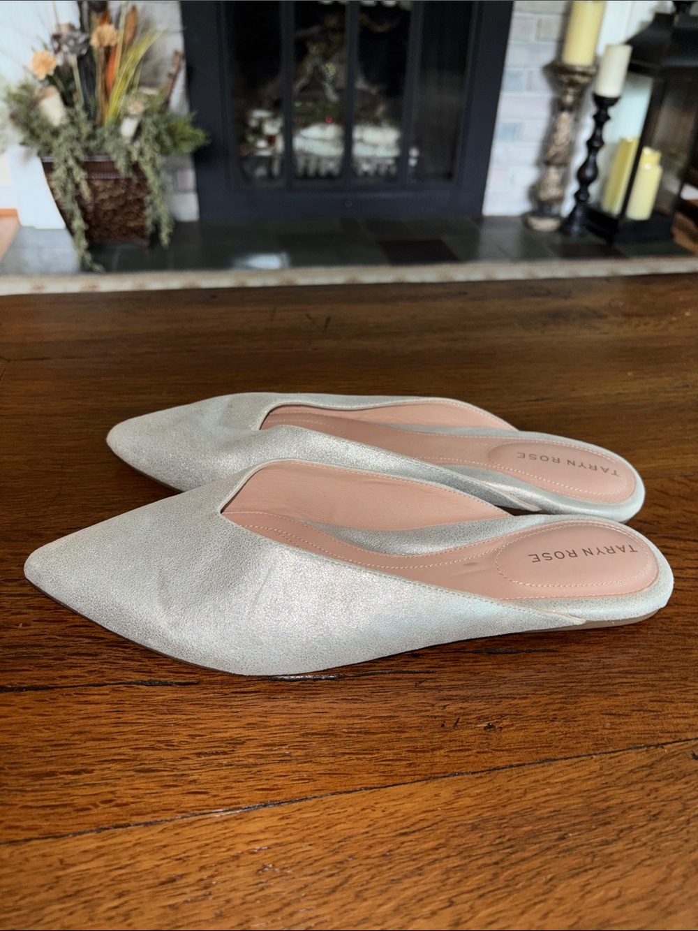 Taryn Rose Fayth Silver Leather Pointed-Toe Slip-On Mule Flats